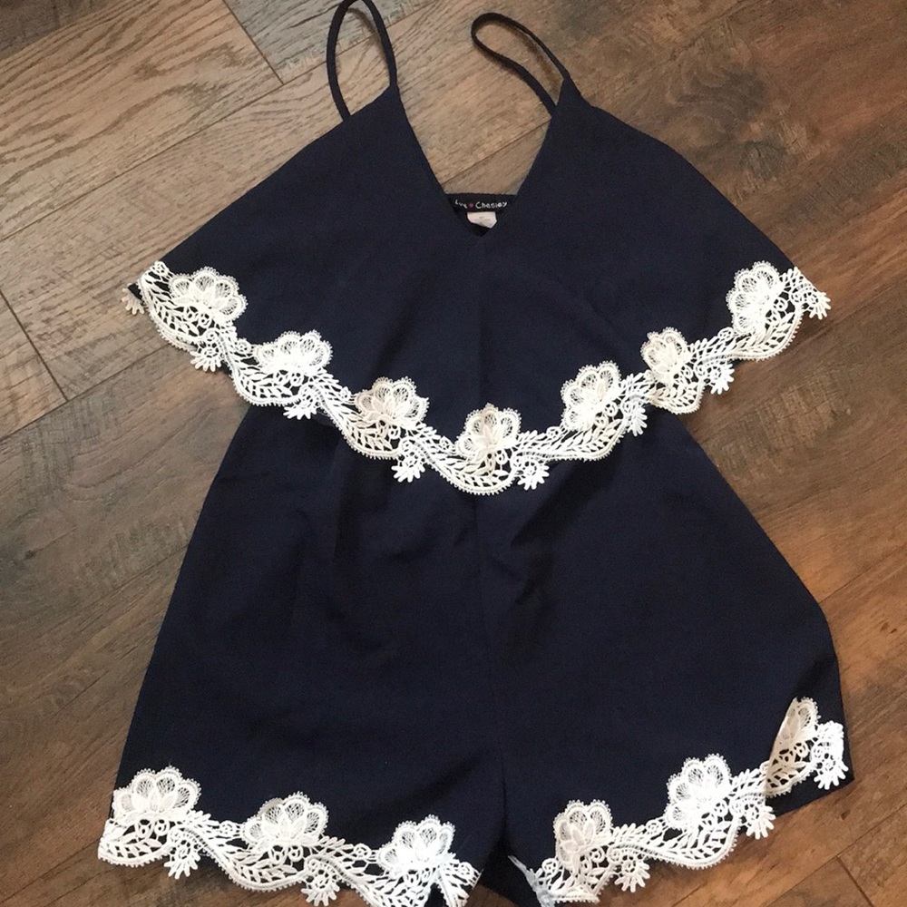 Blue Romper with White embroidery